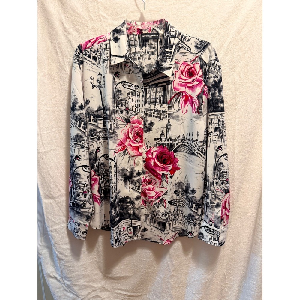 Karl Lagerfeld Paris Womens Pink Rose Toile Print Button Down Shirt Medium M